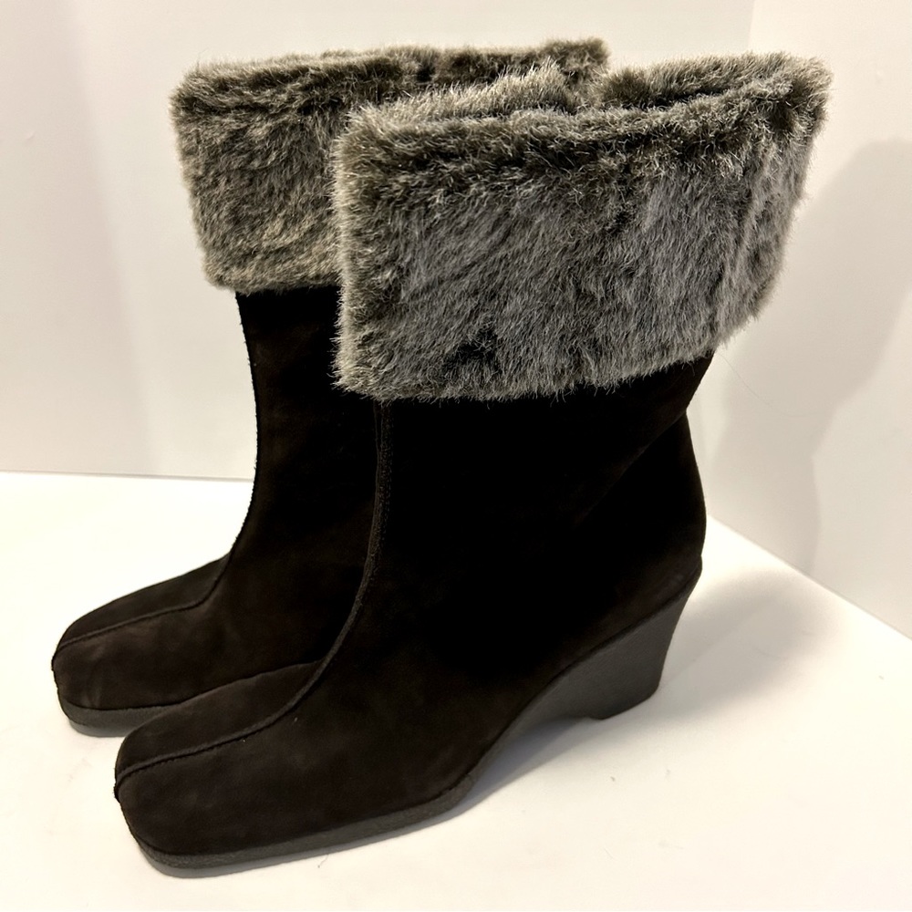 Aerosoles genuine leather suede brown faux fur cuff square toe boots size 9 fall